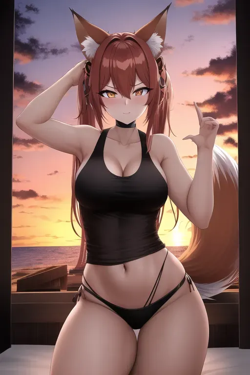 ultrawide shot, 25 year old, a nine-tail fox, insanely beautiful, tank top, black, night club, sunset, natural light, surprised, 8k, professional