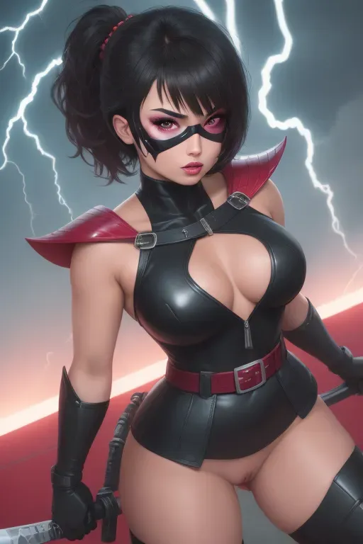 Superhero, short brunette hair, Demi Lovato, superhero mask, red eyes, small nose, blushing full cheeks, full lips, c-cup breasts, aroused, pink and black one piece uniform with skirt, belt with gadgets, heart shaped emblem on chest, full thighs, thick ass, naked pussy exposed, cum dripping from pussy, aroused clit, ready to be fucked, hairy vagina, thigh high boots, flying, sheathed katana on back, lightning, high definition, cinematic lighting.