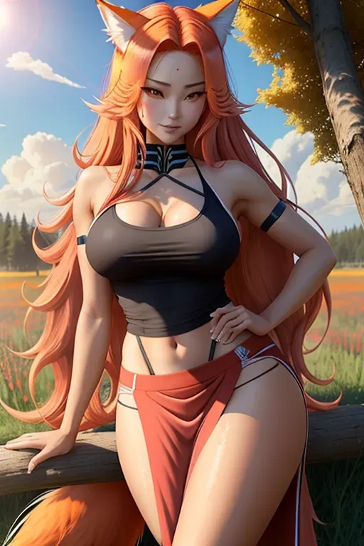 1 nine tailed fox woman, long thick luscious hair, serious eyes, smirk smile, thin striking face, hourglass figure, tight body, sweating skin, ripped up tank top, worn tight skirt, unique, 8k, high definition, beautiful, in a meadow, sunny day, natural lighting, sex, nsfw, masturbation, cum, pussy juice