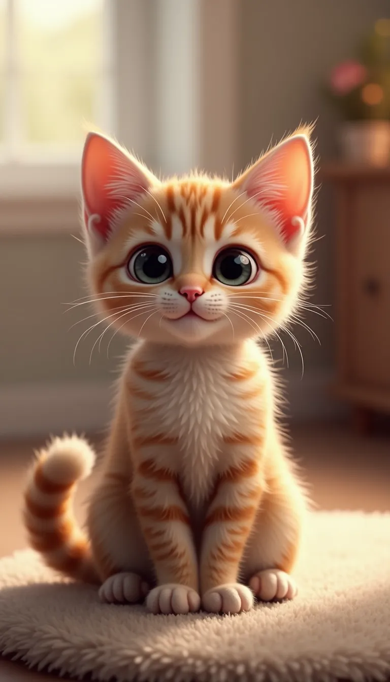 A cute cat sitting gracefully, with big expressive eyes and a fluffy tail curled around its paws. The background is softly blurred, featuring a cozy indoor setting with warm lighting. The cat has a playful expression, with its ears perked up and a slight tilt to its head. The fur is detailed, showing subtle variations in color and texture. The composition follows a 9:16 aspect ratio, perfect for a portrait-oriented image, with the cat centered to draw focus. The style is realistic with a touch of whimsy, enhancing the cat's adorable features.