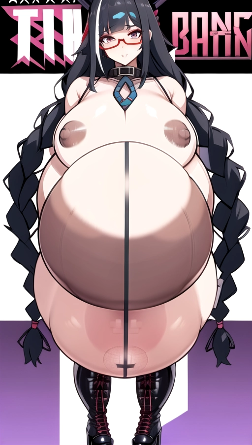 8k , women, emo girl,sexy glasses ,two-tone black dark lilia hai, 2 long braided braids, Sexy pose, red nylon Socks, sexy long black high heels boots, ((nude boobs)) , (extreme gigantic pregnant belly:1.8), dark nipple, big Great nipple, (big nipple piercing), (gigantic hentai boobs:1.2) ,black nylon fetish,big belly fetish, big boobs fetish, vore fetish, sexy look, love big belly, ,<lora:dpmg_better_gigantic_belly:1>