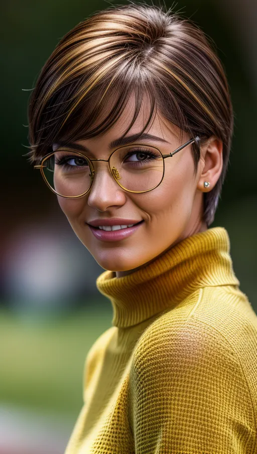8k High resolution photorealistic colored picture of a beautiful German girl, golden glasses, cute face, high cheekbones, black short hair, wearing a yellow turtleneck sweater, wearing a pair of black leather pants, stubby nose,
High Definition skin, high definition hair,
(<lora:dpmg_add_detail:0.8>),
detailed glossy eyes, beautiful lips, detailed face, detailed textured skin, photorealistic, realistic detailed hair, pretty teeth, textured imperfect skin, realistic pretty feet, (accurate realistic eyes), realistic teeth, realistic mouth, pubic hair, realistic skin color, realistic skin tone,realistic hair color, realistic hair tone, accurate skin color, accurate skin tone,accurate hair color, accurate hair tone,
pretty teeth, textured skin, (pores),
(8k RAW photo), (best quality), (masterpiece:1.3), (photo-realistic), hair highlighted, UHD, Nikon Z5, (50mm lens), f2.8, sharp focus, tack sharp, dof, film grain, Fujifilm XT3, (bokeh), subsurface scattering, volumetric lighting, focused, dynamic pose, dramatic angle, dramatic lighting, cinematic composition, HDR, (highest quality:1.8), highest resolution, (photo-realistic:1.72)
--s 200 --v 5.2