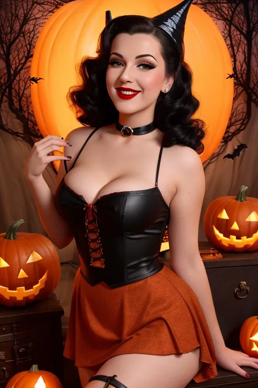 Full color, Halloween, gorgeous witch, cauldron, warm sexually welcoming smile, closeup, 1940s style pinup hairstyle and makeup, looking into the camera lens, deep plunge navel revealing neckline, cleavage, miniskirt, sexually aroused, Halloween decorations,