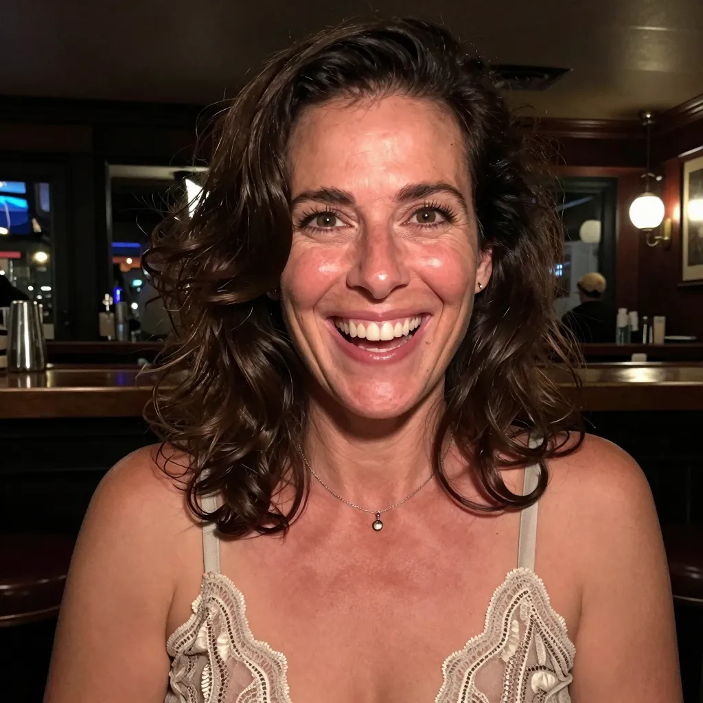 A medium-shot portrait of a smiling middle-aged Caucasian woman in her 40s, captured in a dimly lit indoor social setting, likely a bar or restaurant. She has shoulder-length, dark brown, wavy hair styled with volume, framing her face. Her expression is wide and joyful, with her mouth open in a bright, genuine smile, showing her teeth, and her eyes wide with a spirited, friendly gaze. She is nude, breasts visible. A thin, simple silver chain necklace with a small pendant rests on her collarbone. The lighting is characteristic of an evening event, with a warm, slightly artificial glow reflecting off her skin and highlighting the shimmering fibers of the lace. The background is softly out of focus, hinting at a wooden bar counter and blurred interior elements, creating a casual, authentic atmosphere. The perspective is slightly elevated, typical of a candid selfie, conveying a relaxed and sociable mood.