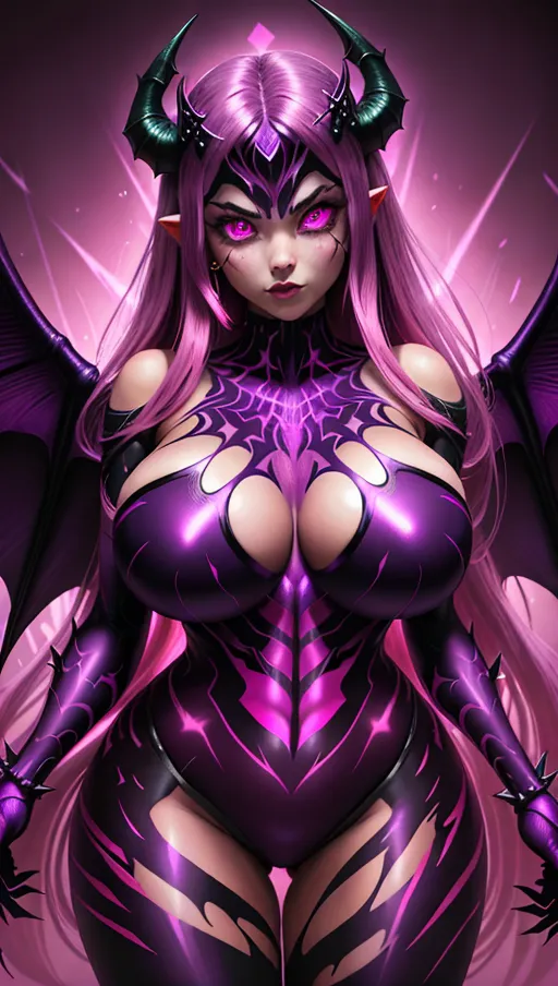 best quality, ultra high res, detailed face and eyes, perfect face, big shining heart choker, earrings, jewelry, very long voluminous hair, (pink glowing hair:1.2), lipstick, purple long sleeves, purple glowing heart, demon mark, straight hair, (huge boobs:1.3), black demon horns, very very long hair, perfect face and eyes, straight hair, sexy succubus girl, pink glowing eyes, (demon wings:1.4), big glowing cameltoe, (purple corrupted symbiote suit:1.5), dark background, (pink glowing demon diadem:1.4), (dark spiked crown:1.2), (thick succubus tail:1.3), demon tail, (pink glowing heart pasties:1.2), standing straight, shiny leather, purple leather skin, purple skin