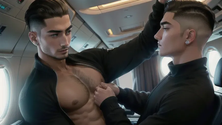 masterpiece quality photograph, 8k resolution (((photorealistic))) professional documentary photograph of Maluma (short buzzed hair, light facial stubble, black terry cloth sweatsuit) getting his dick sucked by a male flight attendant (only see the back of the mans head between Malumas perfect hairy legs, no face, no penis) in his seat aboard a private jet (dim light coming from only his reading light above him) ((his very accurate face looks like he is having an intense orgasm)), getting head (blowjob), the moment when Maluma blows his load, Maluma used both hands to push the mans head deeper into his crotch as he cums, body hair, handsome Colombian face, big sparkling diamond studs