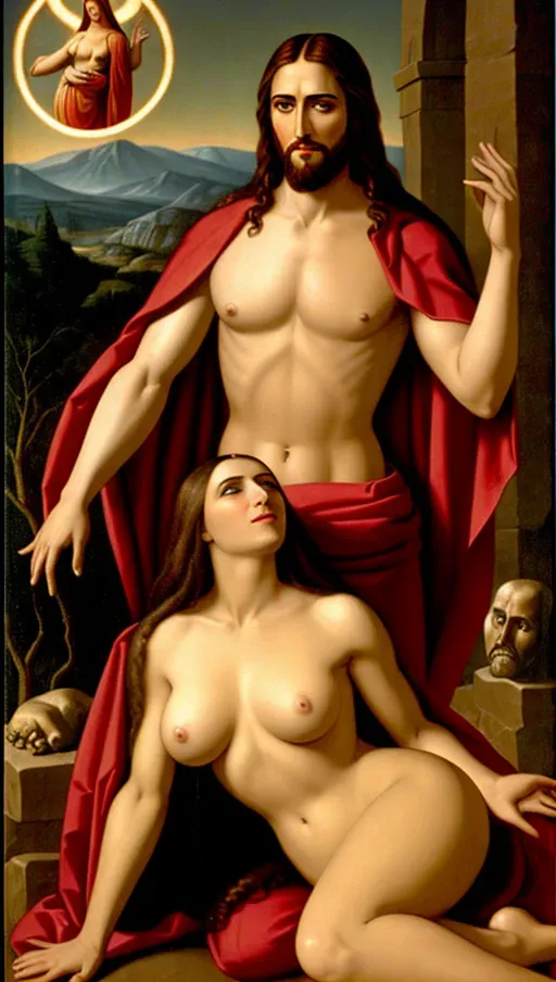 Jesus Christ and Mary Magdalene having anal sex. Jesus looks evil and has a red halo around his head. Mary has massive breasts with firm nipples.