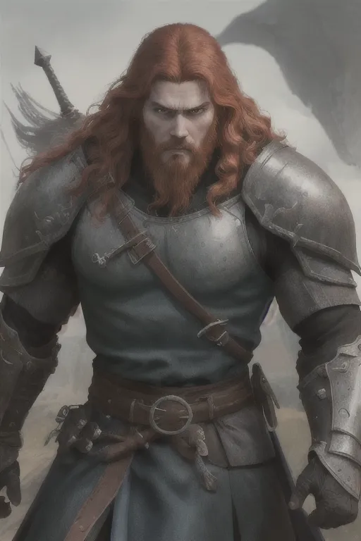 High fantasy, Berserk, a strong, warrior human, Guts, wavy red hair, pale skin, angry eyebrows, handsome blue eyes, small nose, strong cheeks, full beard, strong chin, animal skin coat, black leather armor, huge two-handed greatsword, going into battle, battle field, war in the background, castle and dragon in the far background, high definition, 4k quality, excellent lighting, great shading, pristine detail, very clear picture, accurate at lower promp guidence, ultra realistic, five fingers per hand.