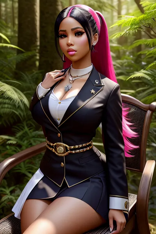 a photograph of,nicki minaj,wearing japanese high school uniform,sitting in a chair,in the forest,big breasts,five fingers per hand,beautiful face,beautiful lips,detailed large eyes,curved eyebrows,curved eyelid,textured skin,joyful,wearing necklace,unreal engine,surreal,artstation,ultra realistic,smooth
