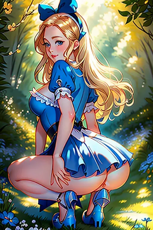 Nsfw, erotic, Disney princess, Alice in Wonderland, Amanda Seyfried face, long blonde hair with a bow, wide blue eyes, soft cheeks, full lips, happy smile, curvy, perfect breasts, thin waist, full ass, half naked, blue dress, wind blowing dress, clear detailed pussy, aroused, hard clit, clear detailed anus, squatting, tea party background, high definition, excellent lighting, 4k quality.
