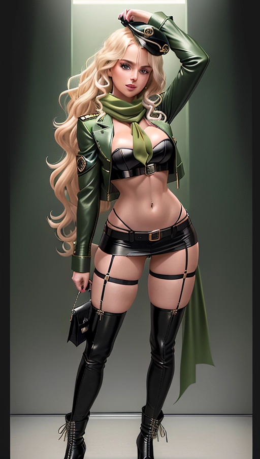Age 18, Long, wavy blonde hair that cascades down her back in loose curls, Slutty scout uniform, Blue eyes that sparkle with mischief and flirtation, Full, pouty lips that are painted a deep red shade, Tall and slender build, with long, toned legs and a flat stomach, Wearing a short, fitted khaki miniskirt that falls well above the knee, showing off her toned legs and black garter belt, green panties, Tight, sheer white blouse with a plunging neckline that reveals a generous amount of cleavage, accentuated by a green lace bra,
Green sash adorned with badges and pins, worn over the blouse and tied in a neat bow at the waist, bare midriff, Green scarf tied around the neck, with fringed edges that dance and sway as she moves, Green fishnet stockings that add a touch of edginess to the outfit, Black leather knee-high boots with chunky heels, laced up the front with buckles and straps, Green beret worn at a rakish angle, with a few strands of hair peeking out from underneath, Black leather utility belt worn low on the hips, with a variety of pouches and pockets for storing sex toys and accessories, Confident and playful demeanor, with a flirtatious smile and a twinkle in her eye, Oozing sex appeal and a sense of adventure, this woman is ready to fuck anyone and have a good time doing it.