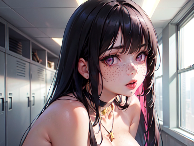 photorealistic, 8k, accurate face, (((detailed face))), (((replicate inspiration face))), full figure shot, freckles,shining eyes, female face, cute, 21 years old gorgeous, luxuriously long black hair, lipstick, bangs, naked, large breasts, choker, necklace, pendant,
wearing pink cheerleader outfit, in locker room,