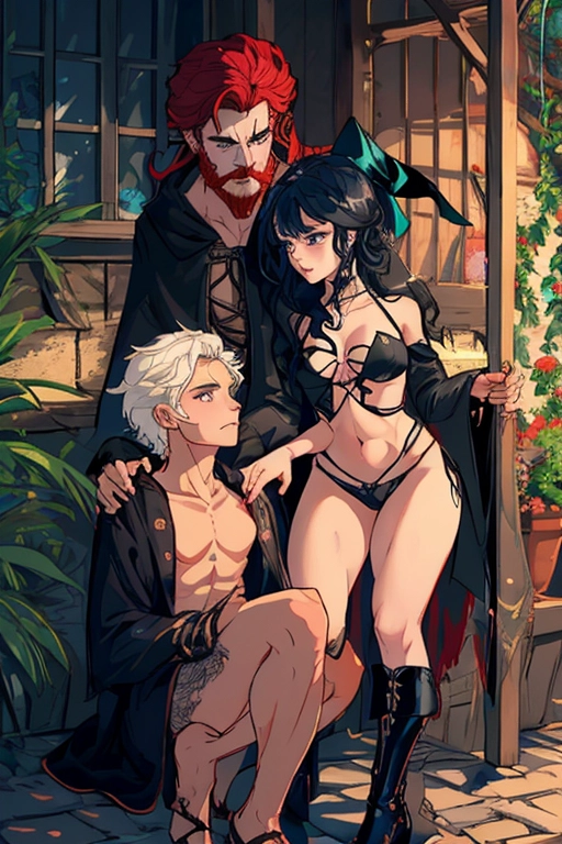 We see a (((couple))), a man and a woman, a medieval witch comforting a dashing knight, (the witch has beautiful black hair), she has soft thin eyebrows, she has green cat-like eyes, concave nose, soft cheeks, full lips, narrow chin, she has a thin figure, with cute breasts, thin waist, curvy hips, bubble butt, full thighs, cute feet, she is wearing a pointed witches hat, black witch robes, she is disrobing, she is exposing her vagina to the knight, (the knight is a dashing red head), he has defined eyebrows, he has blue eyes, concave nose, strong cheeks, strong chin, red beard, he has a mucular frame, biceps, triceps, abs, he is wearing a knights apparel, he still has pants and boots on, the with and the night are in a cottage, they are fixing to have sex, ((high definition)), ((4k quality)), (excellent lighting), (great shading), pristine detail, (very clear picture), ((beautiful vibrant colors)), (accurate at lower prompt guidence), ultra realistic, (((five fingers per hand))).