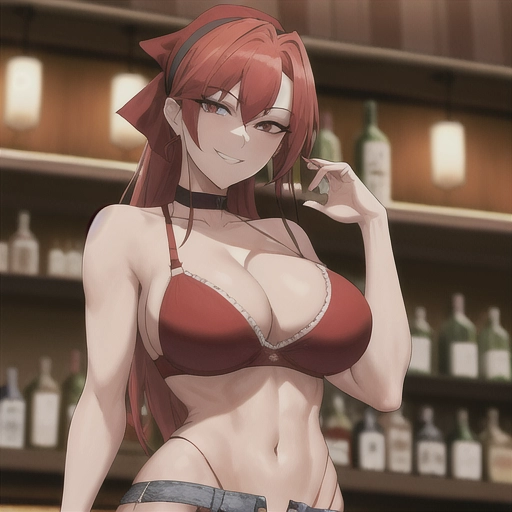 distant shot of a highly detailed slim woman with a sadistic smile with red hair looking back with a bandana wearing tiny bra and large cleavage and tiny waist and flip flops with tiny ripped jean shorts in a bar background