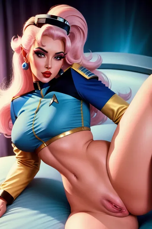 bimbo in her star trek uniform, fingering, masterpiece, seductive pose, 1980s hair, horny, nsfw