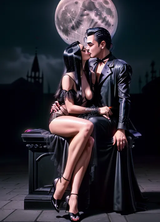 A (full-body shot:1.3) (wide-angle shot) of, (1girl 1boy), 1girl is (Anjelica Huston circa 1990) as Morticia Addams, goth look, (wearing a sheer black (see-through:1.3) floor-length pencil-dress neglige), (visible nipples and pubic hair:1.3), wearing sheer black panties, wearing black strapped stiletto heels, pale skin, blood red lipstick, (black nail polish), black eye shadow, raven-black hair, a single red rose between her teeth, (in a misty cemetary at night), with light from a (large full moon:1.3), (sitting on a marble bench with, (((1boy is Raul Julia circa 1990 as Gomez Addams))), sitting, wearing striped charcoal suit, (kissing Morticia hand:1.3), 1girl 1boy looking into each others eyes, neo-noir style, cgstation,
(<lora:dpmg_add_detail:0.95>), (four anatomically-correct pretty fingers and one proportional opposable thumb per visible hand:1.3), (beautiful symmetric detailed glossy eyes:1.3), beautiful lips, curved eyebrows, detailed face, detailed textured skin, realistic detailed hair, pretty teeth, skin pores, pretty realistic feet, (pretty symmetric realistic eyes), realistic teeth, realistic mouth, bushy pubic hair, realistic skin color, realistic skin tone,realistic hair color, realistic hair tone, five pretty realistic toes,
(8k RAW photo), (best quality), (masterpiece:1.3), (photorealistic), studio lighting, rim lighting, hair highlighted, UHD, Nikon Z5, (35-80mm zoom lens), (zoom out), f2.8, sharp focus, tack sharp, dof, film grain, Fujifilm XT3, (bokeh), dramatic lighting, rim lighting, subsurface scattering, volumetric lighting, focused, intricate detailed background, dramatic pose, dramatic pov, dramatic angle, dramatic lighting, cinematic composition, (cinematic lighting), HDR, (highest quality:1.8), highest resolution, (photo-realistic:1.72),
--s 250, --v 5.2, --A k_dpm_2,