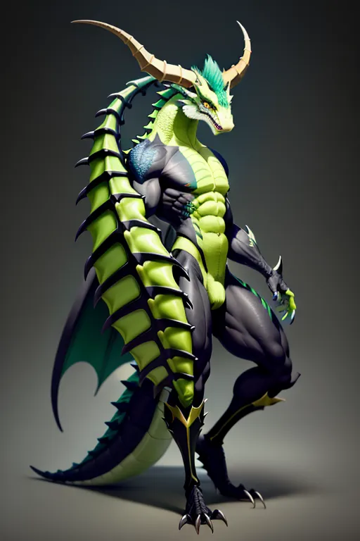 A male anthropomorphic dragon that has a medium snout with two big straight horns that go back and out and 4 little horns on the edge of the lower jaw He is mostly slightly light green that fades vertically into bright yellow toward the middle and at the middle there is a large black stripe down the middle This pattern starts on the lower jaw and the yellow ends at the lower crotch as the black covers the whole underside of the tail and the green covers both of the legs getting slightly lighter toward the feet The green is also shown on top of the tail with spines in the middle The whole pattern starts again on the lower back with black spines and the yellow ends at the top of the neck while the black stops on the top of the head on spines He has long green and blue shendyt-like leggings so he can merge his legs together He has two bright green cocks and a genital slit.