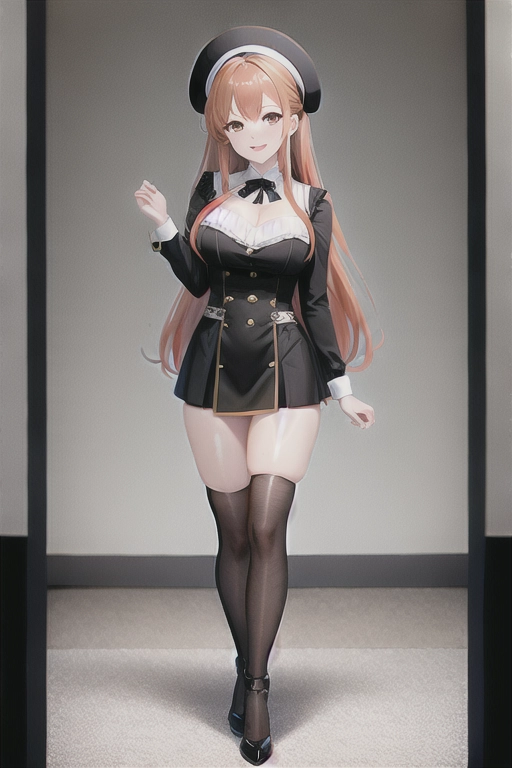 8k quality, brown eyes, pale white skin, orange hair, giant breasts, cleavage, looking at viewer, pov, long hair, wavy hair, full body photo, standing in room, smiling, black maid uniform, miniskirt, high heels, black knee high boots, black choker