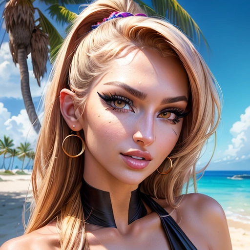 face portrait of a beautiful woman (Elena Belle:1.4), (accurate and detailed face:1.1), extremely detailed face, white crop top, cleavage with small breasts, looking sexy, sensual smile with open mouth showing some nice white teeth, (black eyeliner:1.4),
masterpiece, best quality, perfect lighting,
sunny beach with palm trees, bokeh,
cinematic composition, beautiful lips, perfect lips, perfect eyes, vivid colors, highest quality, highest resolution, (photorealist:1.2), (photorealism:1.2), (masterpiece:1.4), <lora:dpmg_add_detail:0.6>,