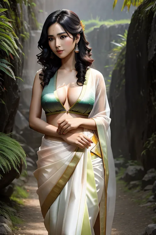 a 8k photo portrait of, ((photorealistic)), taiwanese, show full body, facing forward, wearing sari, shaved, ((medium breasts)), (((slim))), long curls to one side, ((perky breasts)), black hair, natural breasts