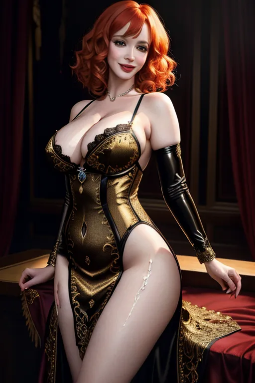 lady, Christina Hendricks, (cum slut:1.5), seductive smile, exposed breast, intricate dress, oil on canvas, masterpiece, expert, insanely detailed, 4k resolution, Alain Aslan, photo Gene Oryx, Maksim Chuprin, soft edges, dynamic pose,