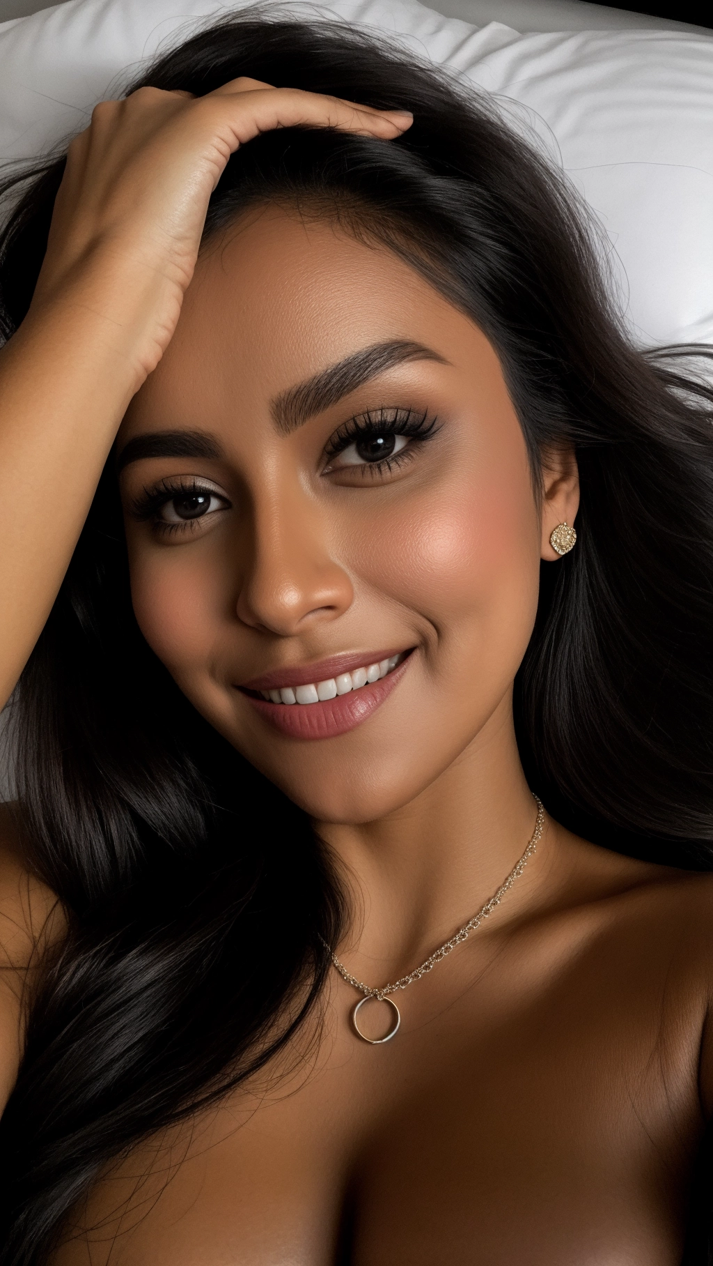 dark bed room, ((young Mexican lady)), ((very dark tanned)), naked, dark shining eyes, round face, dark long hair, hair in half-up style, snub nose, thin eyebrows, no makeup, necklace, (((close up))), teasing smile, reddened cheeks, (natural erected breasts) ,((lying flat on head)), large nipples