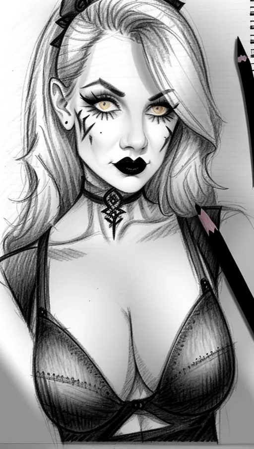 sketch of beautiful goth girl taking selfie, ((pencil sketch on lined paper)), art, amateur rapid pencil sketch, guide lines visible, shading, amateur pencil sketch of woman, pencil sketch of goth, drawing, lined paper sketch, drawing of beautiful goth girl, pencil drawing of goth, erasure marks all over, gray shading in cleavage area, gray pencil shading on face, guidelines on face,