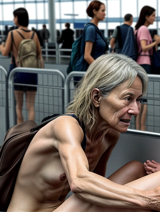 a naked middle aged lady, realistic face, is having sex in public with her girlfriend in a crowded airport