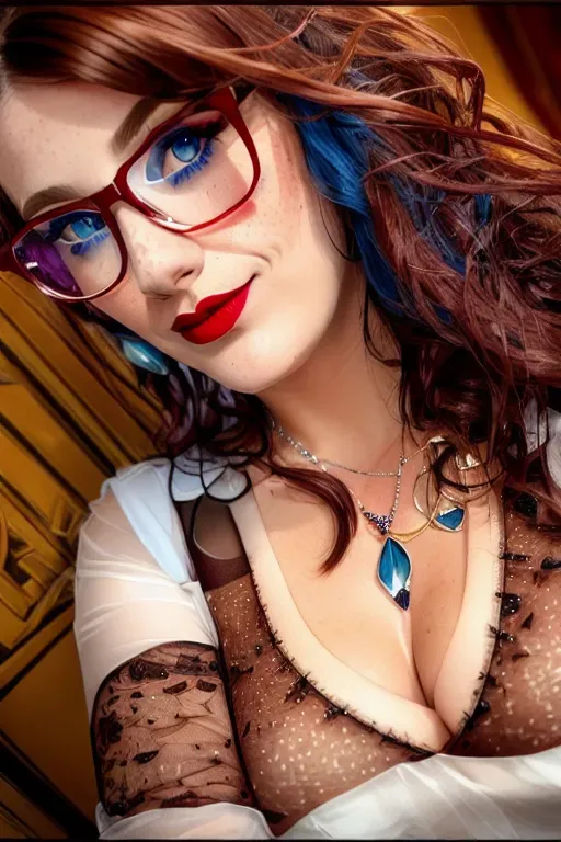 curly hair, glasses, blue eyes, nose piercing, big breast, red lipstick, cleavage, crystal necklace, freckles, eyeliner, eye shadow, see nipples through shirt, brown hair