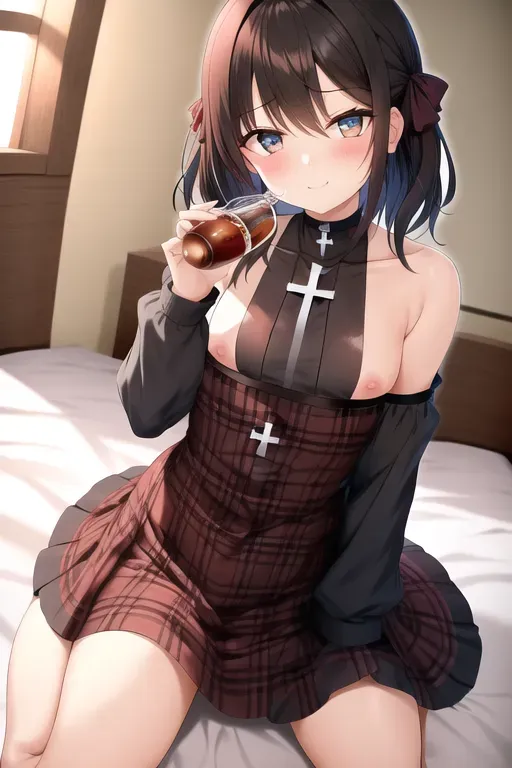 Small emo girl taking a shot of whiskey, on the bed, sitting cross legged on bed,