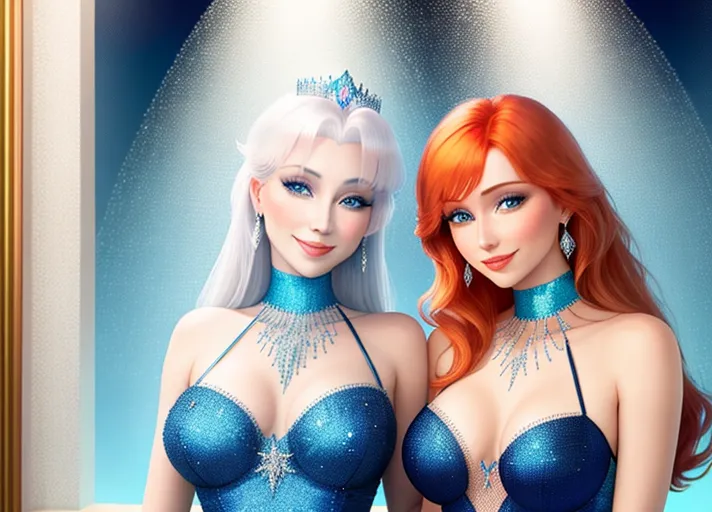 beautiful auburn haired Queen Anna in green and her platinum haired Sister, Elsa, in blue, with their beautiful sapphire eyes, visit dazzling Las Vegas at night. Their warm sweet smiles brightening every day.