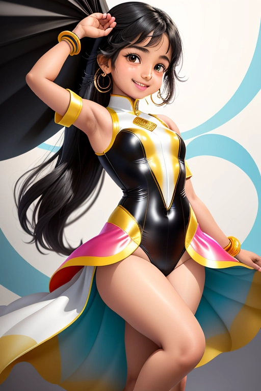 A full-length image of a cheerful South Asian elementary school aged girl doing a pose for a photograph. Her infectious smile radiates enthusiasm and positivity. She is abundantly dressed in a full-sleeved leotard that adorns an intriguing design, symbolizing a step-by-step instructional text. The outfit seamlessly blends in black and white hues and integrates text elements into its unique design. Let her stand against a subtle, neutral-colored backdrop which places full emphasis on her and her distinctive outfit.
