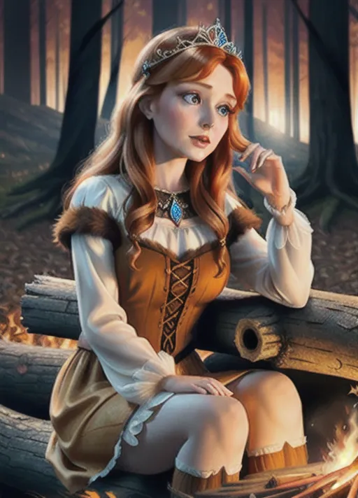 close up of Beautiful sweet fun loving mature auburn haired Queen Anna of Arendelle sits on a log leaning in telling terrifying spooky stories to the youth of Arnedelle around the campfire, the only source of light, deep in the woods on a crisp autumn night on Friday the 13th. photorealistic.