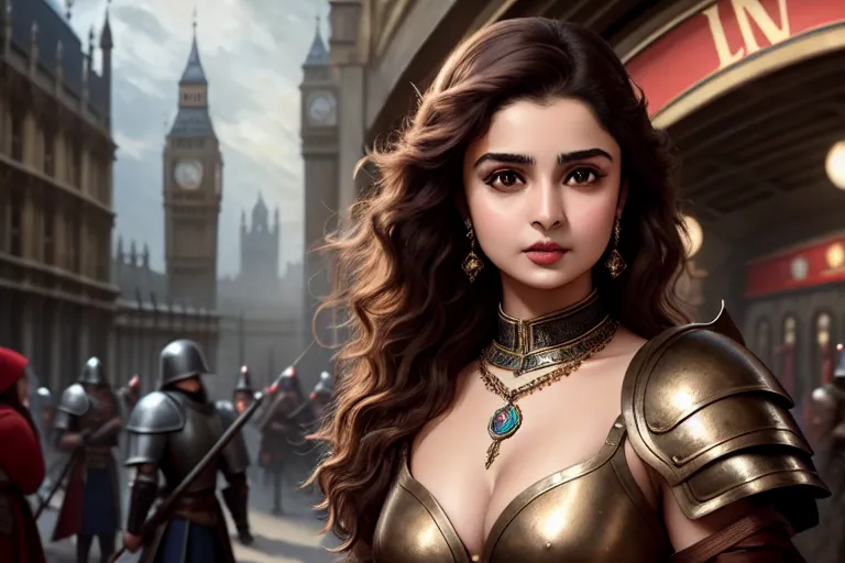 a oil painting of,alia bhatt,wearing medieval armor,touching breasts,in the london underground,five slender fingers,short thick hair,beautiful face,beautiful lips,brown eyes,curved eyebrows,curved eyelid,pale skin,cosy,wearing necklace,editorial,bokeh,sharp focus,artstation,ultra realistic
