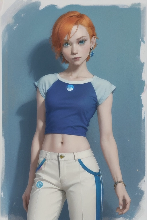 Gwendolyn Tennyson,( In the Original Series, Gwen has pale skin, green eyes and short orange hair held by a blue hairclip and wears sapphire earrings, an elbow-length blue raglan shirt with a cat logo, white capri pants, and white sneakers with dark blue stripes without socks).