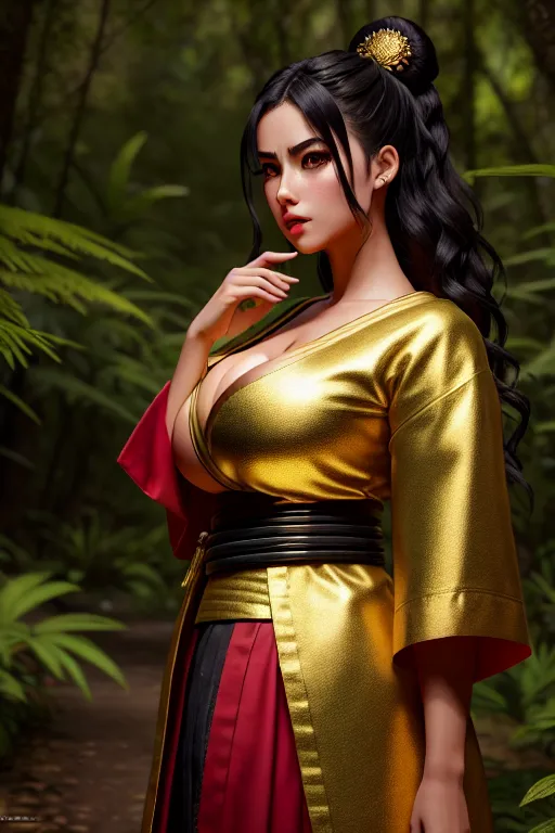 a illustration of,a colombia girl,wearing samurai clothes,standing,in the forest,big breasts,five slender fingers,wavy curtain bang,charming face,beautiful lips,green eyes,curved eyebrows,satisfaction,wearing golden ring,unreal engine,8k,surreal,editorial,cinematic lighting