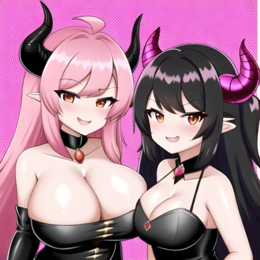 Dragin horns, Dragon girl, black dress, pink hair, multicolored hair, smug face, showing cleavage