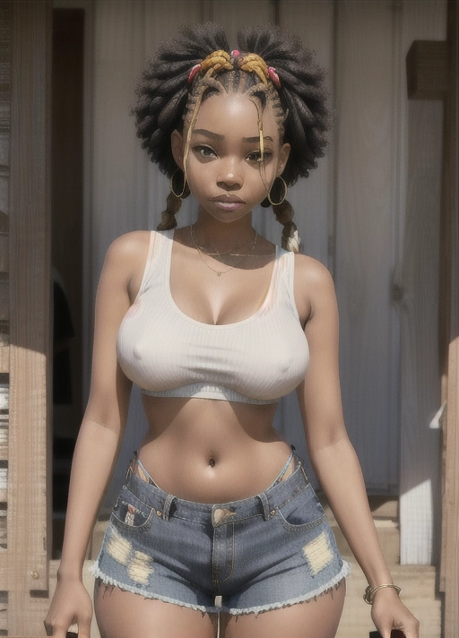 woman 18 proud family, african american, wearing micro braids large breast, big ass, in boy shorts, weraing a cutoff tank top showing flat stomach