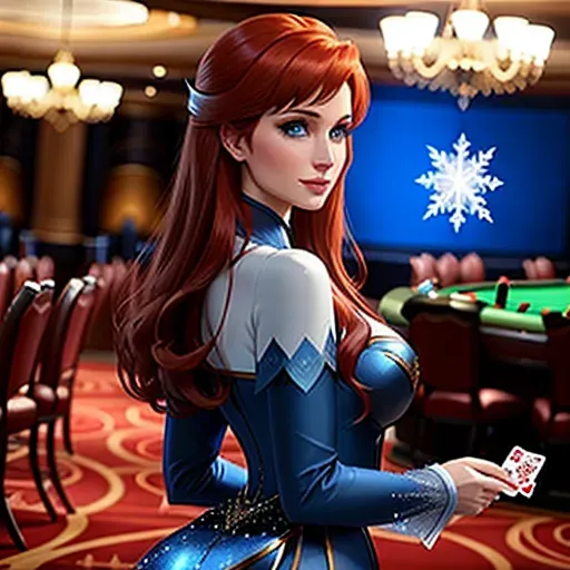 low angle shot, different clothing,
Anna in Las Vegas. playing cards in a casino.
innocent sweet, Anna of Arendelle 37 years old, Nordic, dressed in green attire, large natural round blue eyes, long auburn hair, sweet face, warm smile, soft curved eyebrows, smaller modest breasts.
Elsa of Arendelle 40, slightly taller than Anna. dressed in elegant blue clothing.
five fingers per hand, ultra realistic, unreal engine, reduced saturation, adult