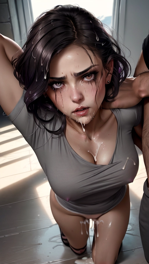 1man, 1woman, photo depicting the sexiest young mexican woman, ((very short dark hair)), nude, fit, (((intense female orgasm))), realistic light and shadows, ultra-realistic, high level of detail, extremely high resolution, ((shocked expression)), looking at viewer, (( on the floor)), next to floor to ceiling windows, showing off wet pink pussy, ((wearing see-threw tight fitting grey shirt)), wearing white cotton socks,(legs spread), ((shaved vagina)), about to be ravished, last few seconds as a virgin, hard nipples, ((cum dripping from mouth)), ((shirt raised up above to expose breasts)), (((neck being grabbed and choked by a hand))), (((hair being grabbed and pulled))), (very rough sex), ((face grab)), body in motion, subservient woman, (very messy hair), dpmg_pov_blowjob_v1, ((holding her face buy the mouth)), <lora:red_tint_cheeks:1>, dpmg_runny_makeup_v1