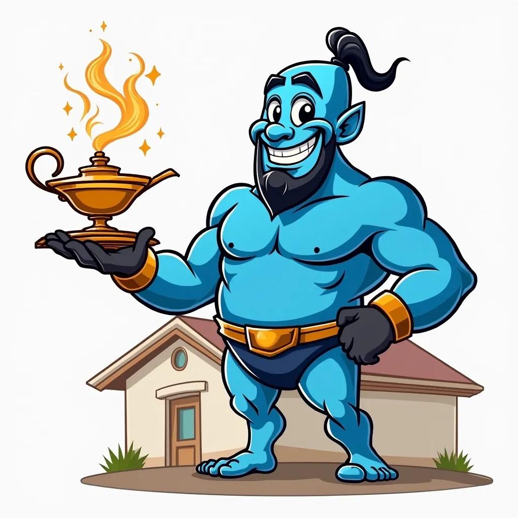 cartoonish rendition of a light purple genie being used as a company character logo, genie is confident and friendly but also mysterious, genie is strong but not muscularly cut, genie is associated with residential rooftop services, genie does not have legs but issues forth like smoke from a magic lamp which rests on the outlined roof of a residential ranch style house