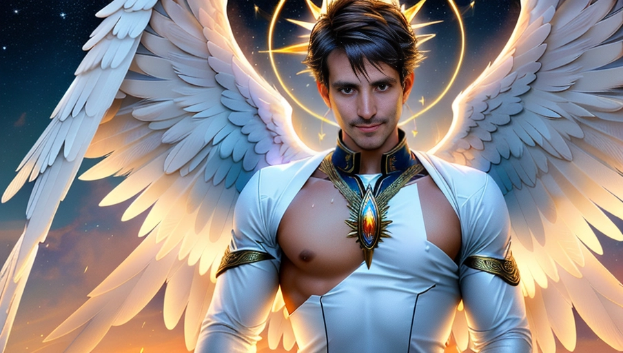 a 64k high detailed photo of body shot of straight male HDR Professional ((In clothing))) ((Has Attire)) Godly Ultra Detailed Best Quality Most Detailed ((Angel Wings)) Angelic Lighting Love Hope Magic casting Crown Smiling King happy Glory Warrior Angels Angelics Positivity Happiness ecstasy enraptured sweaty saving God Royalty Morality Goodness True Good Power Force Authority Ethical Saviour orgasm face Halo short Hair Always and Forever Sentimental in heat hot ultra hot best best lighting tantric Neutral Brilliant Logical Compassionate Perfect Perfection Exciting Integrity Winged Courage Purity Harmony Beauty mark on upper lip ((Male)) Ethereal Lighting Celestial Lighting (((With Clothes))) ((With God Item)) ((God Tech)) with items of power God Wings