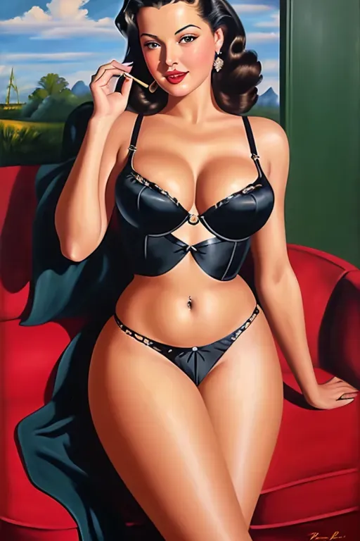 A full-length painting in the style of a 1940s pin-up of a Young Gene Tierney in sexy revealing clothing ((full body and thighs visible))