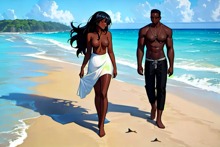 dark skin, ebony, st croix, walking on beach, beach, relaxing, the best time of her life, the moment she realized she was home, topless, long straight hair, cheating wife, group of men, 1 woman,
