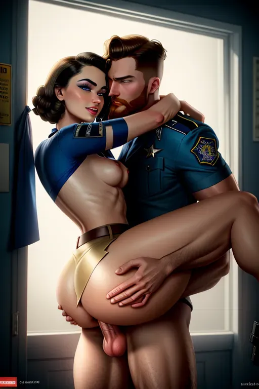 A 1950s housewife being held and fucked by a cop, fair skin, braided brunette hair, dark eyebrows, blue seductive eyes, small nose, sharp cheekbones, soft cheeks, sharp chin, full lips, orgasm smile, tattered pink blouse, khaki skirt ripped off, thin figure, small breasts, thin thighs, round ass, submissive, being fucked by a redhead cop with a throbbing dick, red beard, muscles, tall, erect dick, vaginal sex, high definition, 4k quality, cinematic lighting, great shading, excellent detail, five fingers per hand, <lora:dpmg_carrying_sex:1>