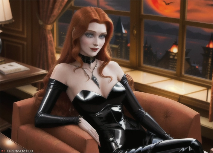 midnight in the luxury penthouse suite at Hotel Transylvania, Beautiful long auburn haired with large deep blue eyes innocent Queen Anna of Arendelle in elegant black gothic style posing hypnotized, in the blood thirsty embrace of her new vampiric very pale short black haired friend Mavis with a fanged blood thirsty smile from Hotel Transylvania convincing Anna to join her as a vampire. photorealistic. photorealistic.