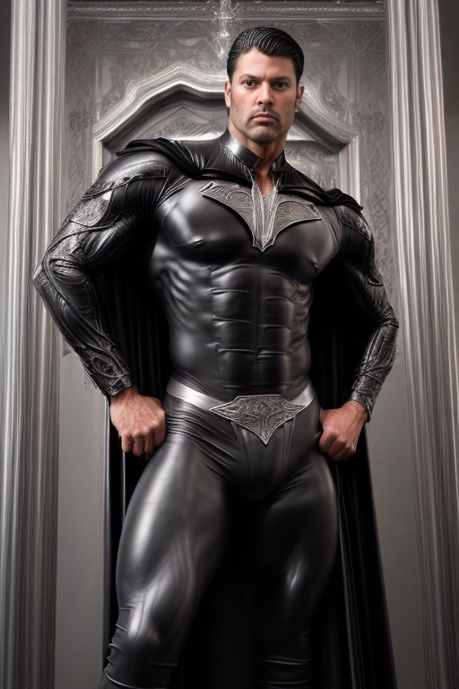 A professional photograph of a very tall and very muscular gorgeous latino prince
model has dark hair and dark bronze skin
model has a bodybuilder physique
(((model is wearing black leather long pants and fancy black shirt with silver trim)))
((model is wearing an elaborate cape with silver trim))
background is an arabian castle interior
<lora:dpmg_add_detail:1>