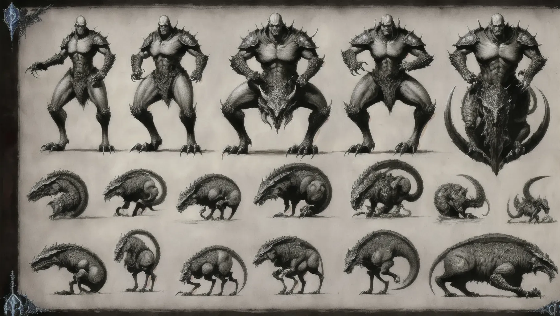((8k, high detail, ultra-crisp, high resolution)) character design sheet from artist Edward binkley of a monster riding a creature . ((Medieval bestiary art)) (((multiple arms from Diablo game bestiary art))) realistic animal anatomy (create creatures with multiple eyes of the otherworldly kind)