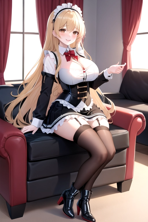 long hair, pale skin, blonde hair, brown eyes, black choker, giant H-cup breasts, wavy hair, black maid uniform, smiling, full body photo, 28 years old, miniskirt, cleavage, high heels, red corset, 8k quality, red boots, in living room