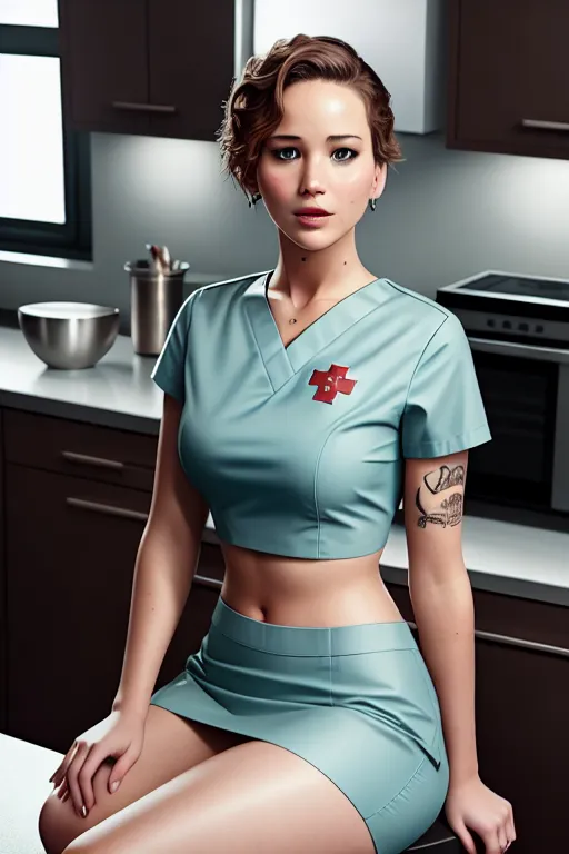 a photo shot of,jennifer lawrence,wearing nurse clothes,sitting,in the kitchen,five fingers per hand,short hair,gorgeous face,beautiful lips,green eyes,curved eyebrows,tattoo,professional,editorial,cgsociety,8k,studio lighting